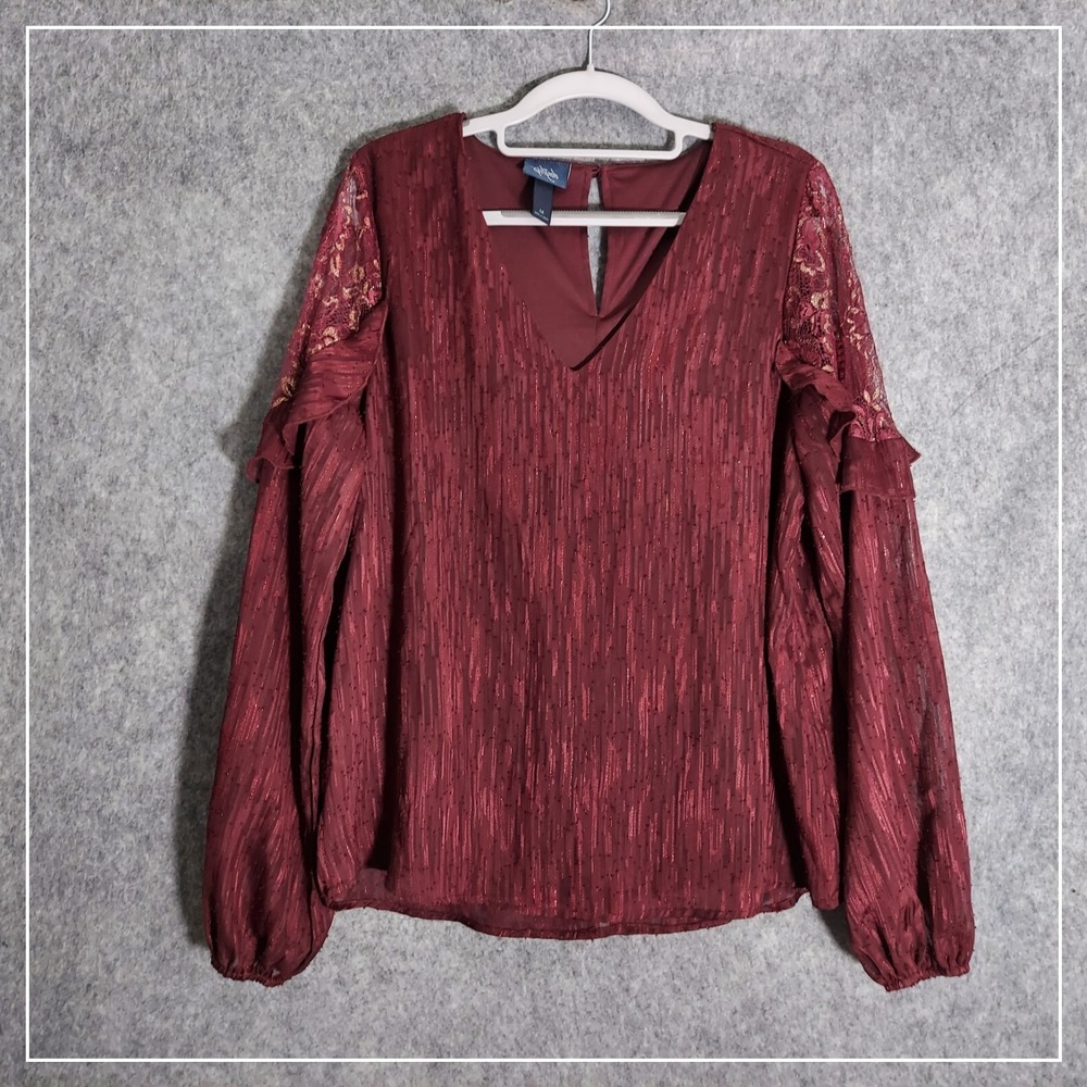 Daytrip‎ Blouse Women Medium Burgundy Metallic Lace Shoulder Ruffle Long Sleeve